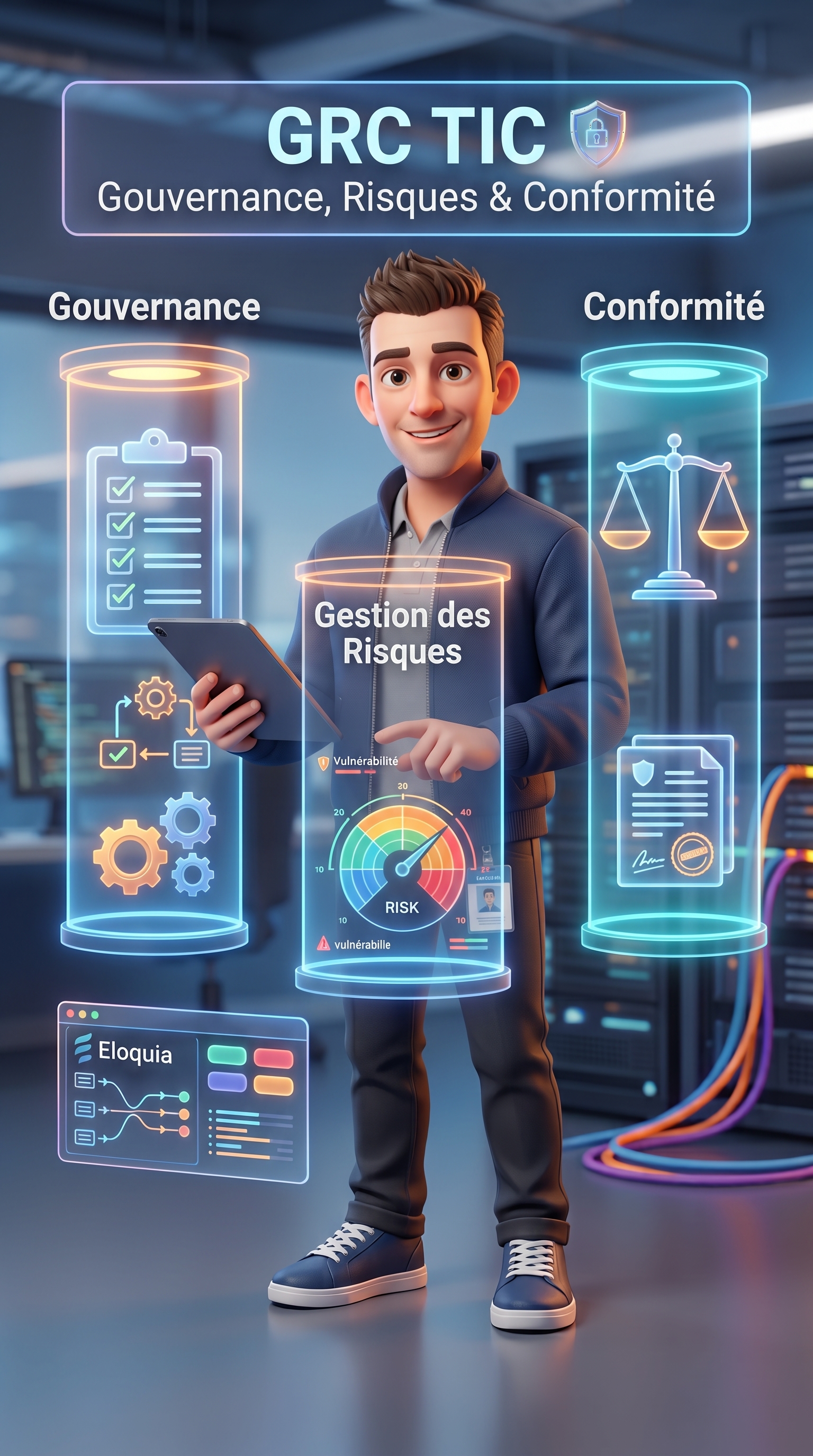 Alex présentant les trois piliers GRC TIC : Gouvernance, Gestion des Risques et Conformité