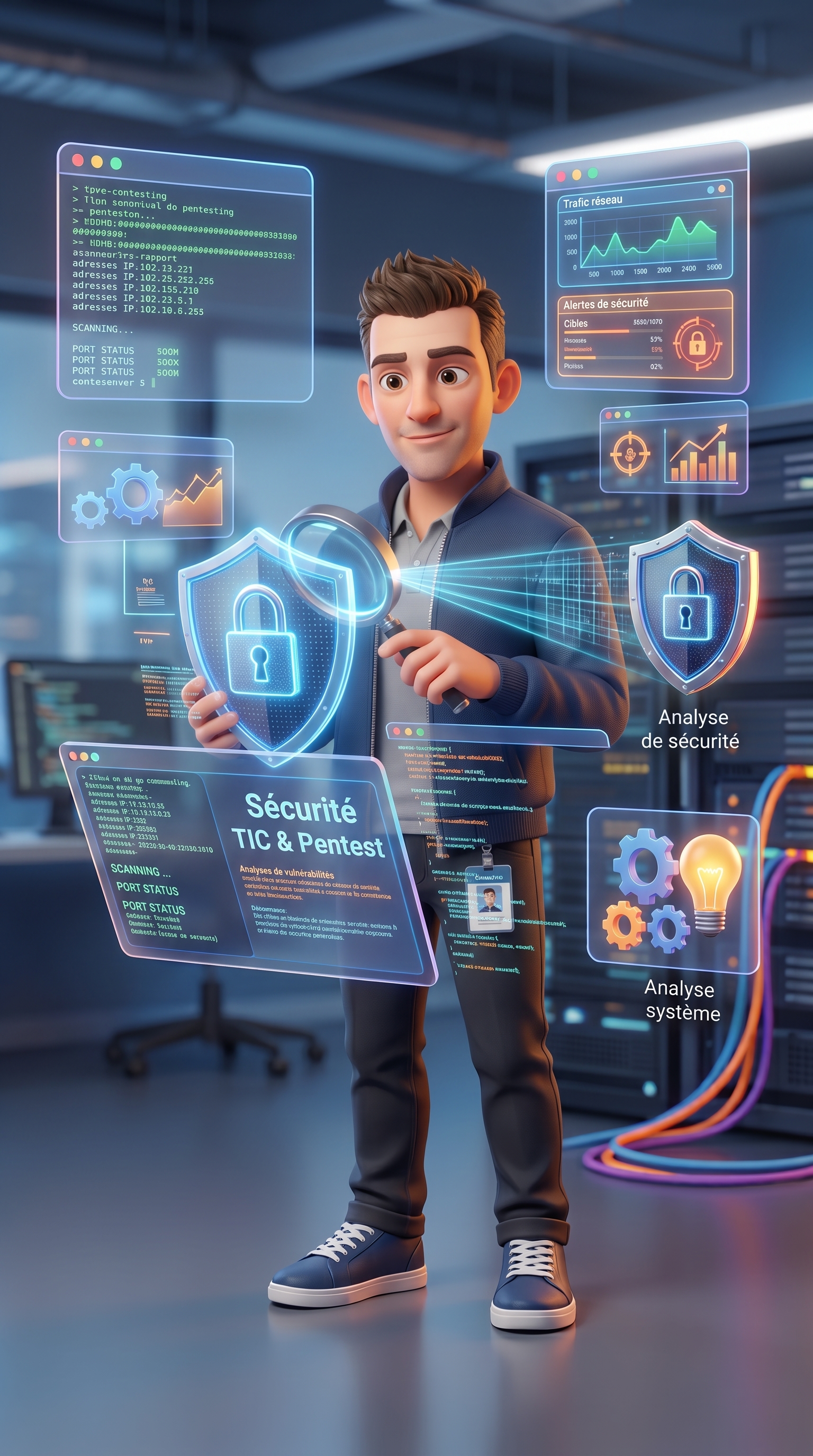 Alex réalisant une analyse de sécurité TIC et un test d’intrusion (Pentest)